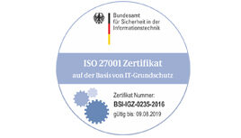 BSI: ISO 27001-Zertifikat auf der Basis von IT-Grundschutz. Zertifikat 09.08.2019