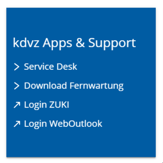 blaues Quadrat, Kachel von der Startseite. Beschriftung: kdvz Apps und Support, Links zu Service Desk, Download Fernwartung, Login ZUKI und Login WebOutlook